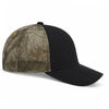 An image of a Custom Deluxe Chino Twill Polyester Mesh 6 Panel Constructed Full Fit Mesh Back in Black/Realtree Xtra!