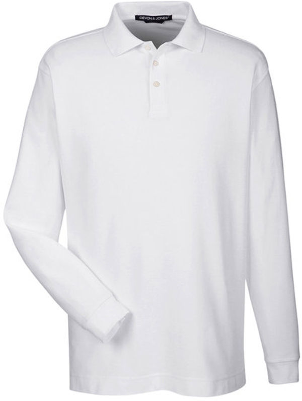 Am image of a Custom Devon & Jones Men's Pima Piqué Long Sleeve Polo in White!