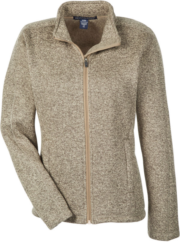 Am image of a Custom Devon and Jones Ladies Bristol Full Zip Sweater Fleece Jacket in Khaki Heather!