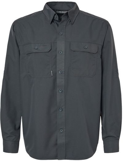 Am image of a Custom Dri Duck Mens Crossroad Woven Shirt in CHARCOAL!
