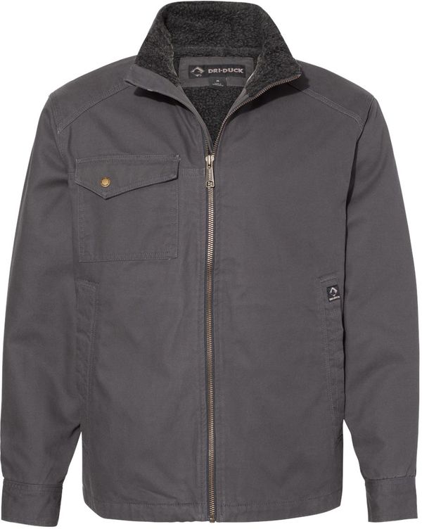 Am image of a Custom Dri Duck Endeavor Canyon Cloth Canvas Jacket with Sherpa Lining in Charcoal!