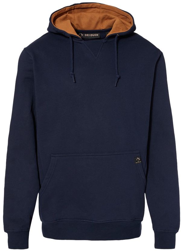 Am image of a Custom Dri Duck Mens Woodland Fleece Hooded Sweatshirt in Navy!