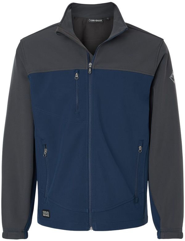 An image of a Custom Dri Duck Motion Soft Shell Jacket in Deep Blue/Charcoal!