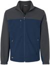 An image of a Custom Dri Duck Motion Soft Shell Jacket in Deep Blue/Charcoal!