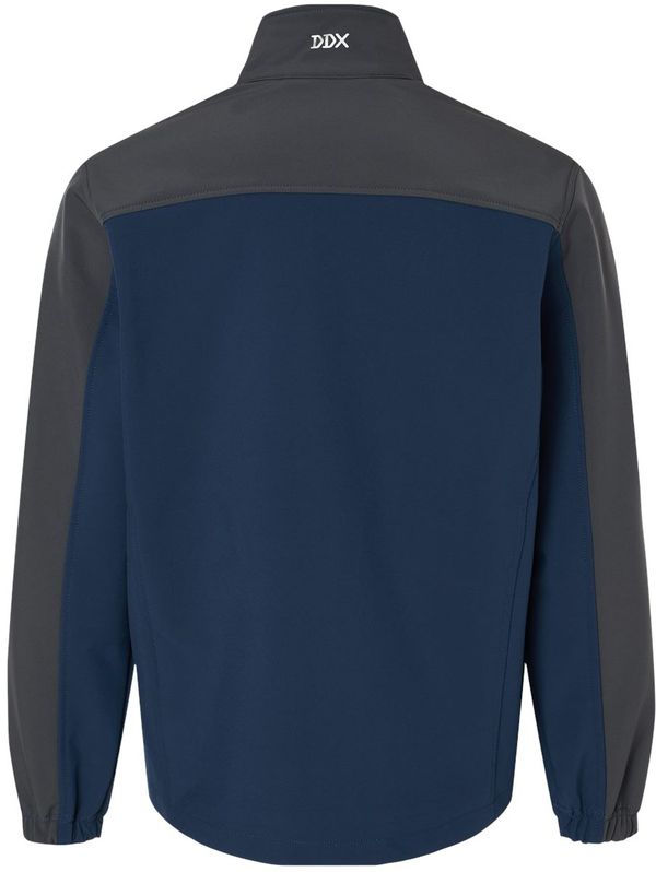 An image of a Custom Dri Duck Motion Soft Shell Jacket in Deep Blue/Charcoal!