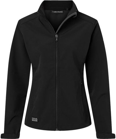 Am image of a Custom Dri Duck Womens Motion Soft Shell Jacket in Black!
