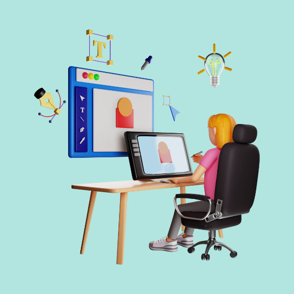 An image of a 3D graphic showing a woman sitting in front of a computer designing something.