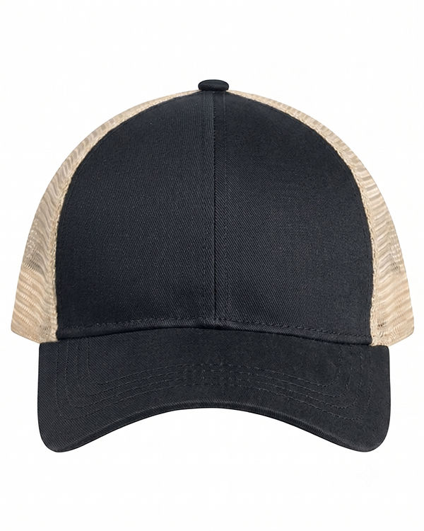 An image of a Custom Econscious Eco Trucker Organic Recycled Hat in Black/Oyster!