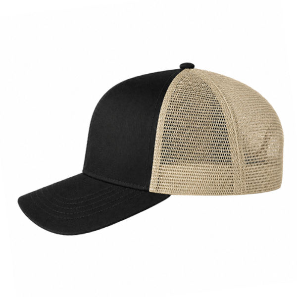 An image of a Custom Econscious Eco Trucker Organic Recycled Hat in Black/Oyster!