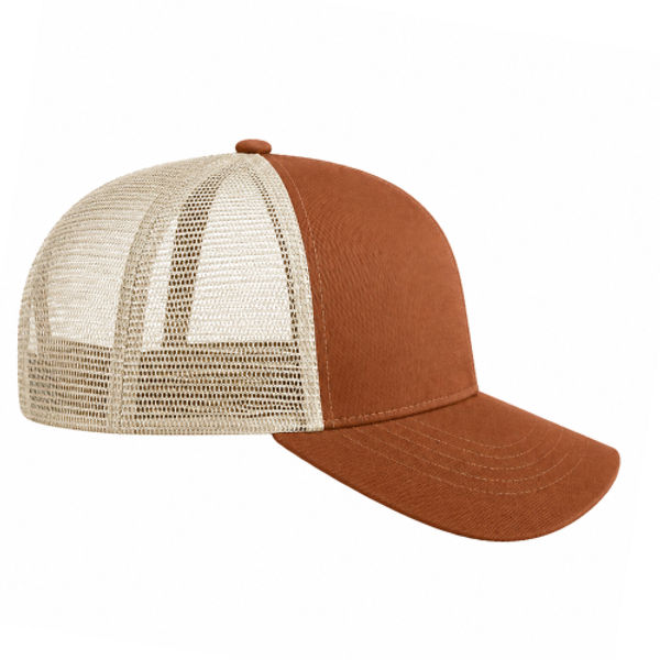 An image of a Custom Econscious Eco Trucker Organic Recycled Hat in Leg Brown/Oyster!