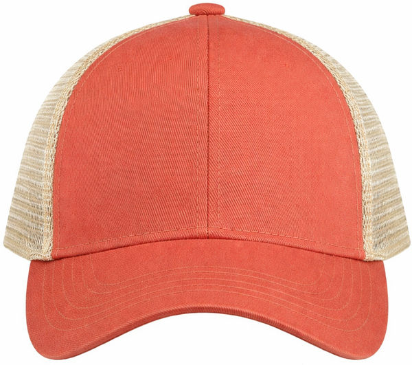 An image of a Custom Econscious Eco Trucker Organic Recycled Hat in Orange Poppy/Oyster!