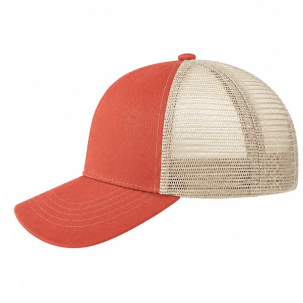 An image of a Custom Econscious Eco Trucker Organic Recycled Hat in Orange Poppy/Oyster!