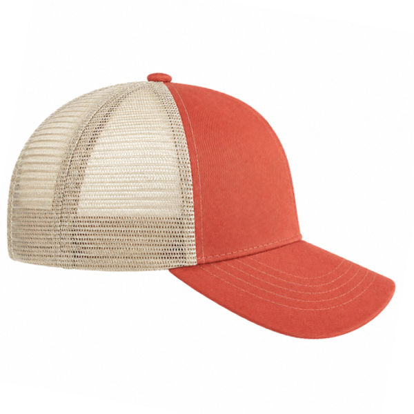 An image of a Custom Econscious Eco Trucker Organic Recycled Hat in Orange Poppy/Oyster!