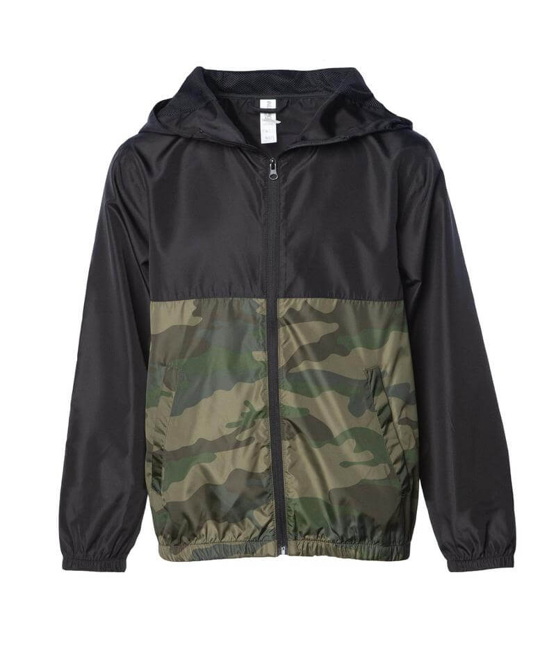 Independent Trading Co Youth Lightweight Windbreaker Jacket in Black/Forest Camo