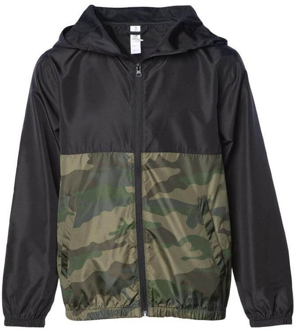 Am image of a Custom Independent Trading Co Youth Lightweight Windbreaker Jacket in Black/Forest Camo!