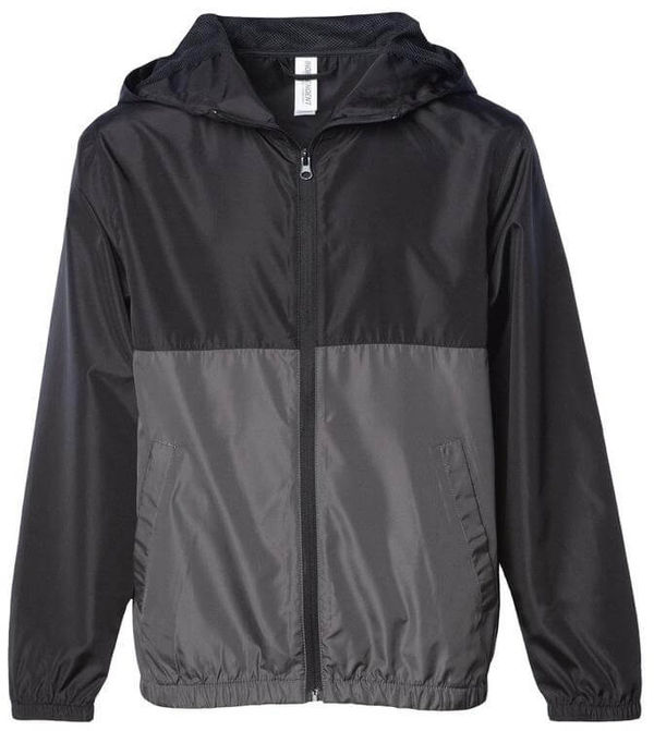 Am image of a Custom Independent Trading Co Youth Lightweight Windbreaker Jacket in Black/Graphite!