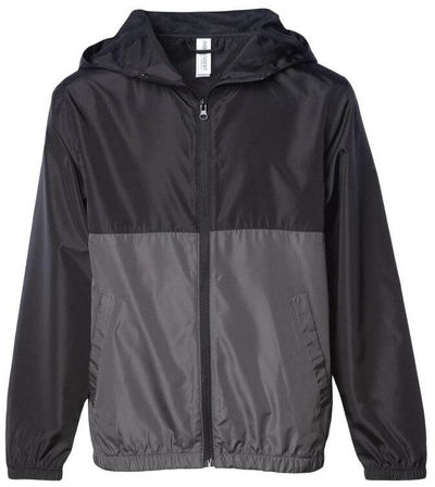 Am image of a Custom Independent Trading Co Youth Lightweight Windbreaker Jacket in Black/Graphite!
