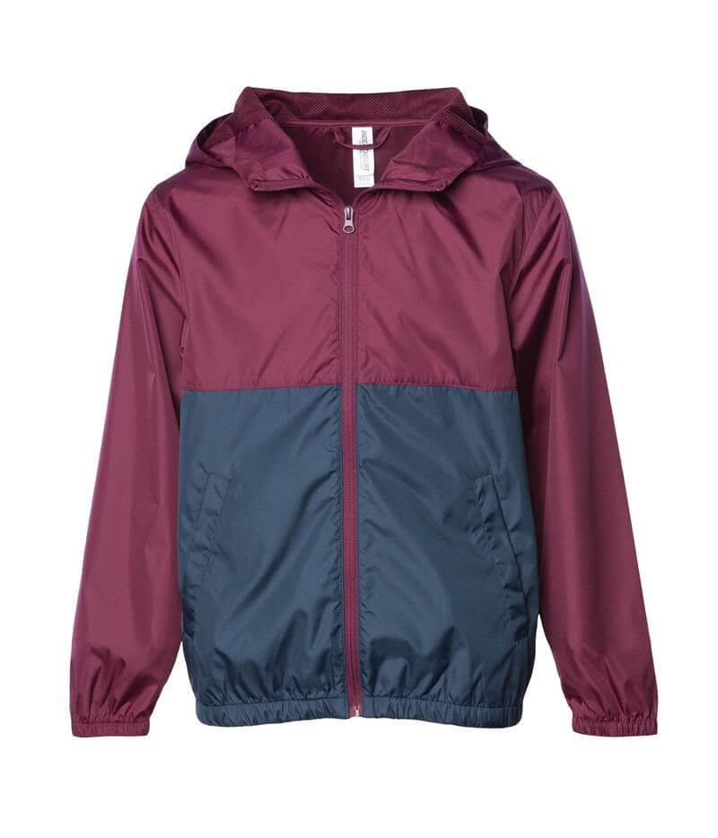 Independent Trading Co Youth Lightweight Windbreaker Jacket in Maroon/Classic Navy