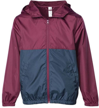 Am image of a Custom Independent Trading Co Youth Lightweight Windbreaker Jacket in Maroon/Classic Navy!
