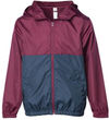 Am image of a Custom Independent Trading Co Youth Lightweight Windbreaker Jacket in Maroon/Classic Navy!
