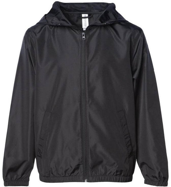 Am image of a Custom Independent Trading Co Youth Lightweight Windbreaker Jacket in Black!