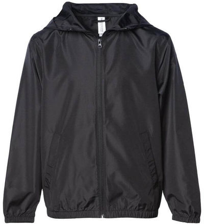 Am image of a Custom Independent Trading Co Youth Lightweight Windbreaker Jacket in Black!