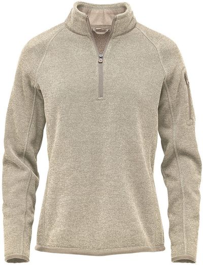 Am image of a Custom Stormtech Womens Avalante Quarter Zip Pullover in Oatmeal Heather!