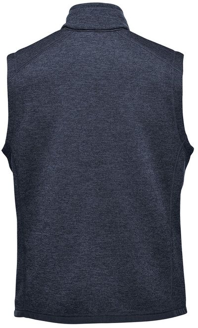 Am image of a Custom Stormtech Men's Avalante Full Zip Fleece Vest in Navy Heather!