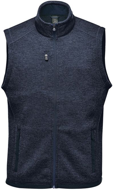 Am image of a Custom Stormtech Men's Avalante Full Zip Fleece Vest in Navy Heather!