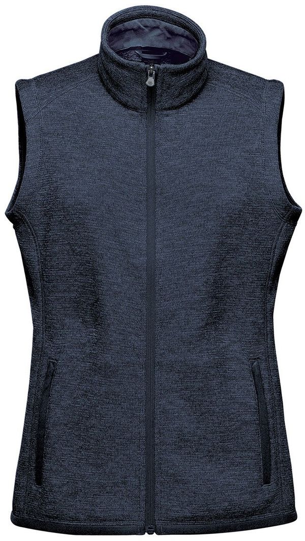 Am image of a Custom Stormtech Women's Avalante Full Zip Fleece Vest in Navy Heather!
