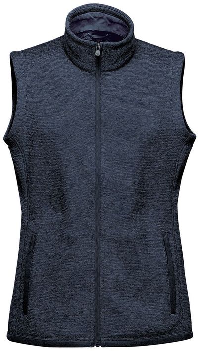 Am image of a Custom Stormtech Women's Avalante Full Zip Fleece Vest in Navy Heather!