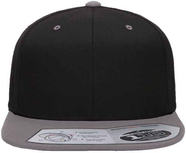 Am image of a Custom Flexfit 110 Flat Bill Snapback Cap in Black/Grey!