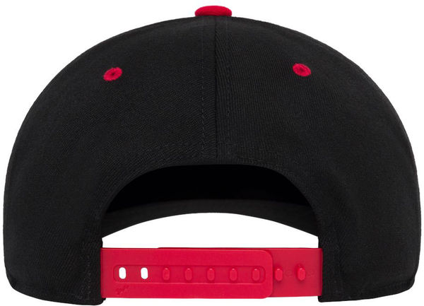 Am image of a Custom Flexfit 110 Flat Bill Snapback Cap in Black/Red!