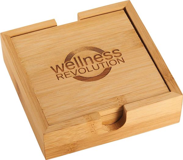 An image of a Custom FSC Bamboo Coaster Set!