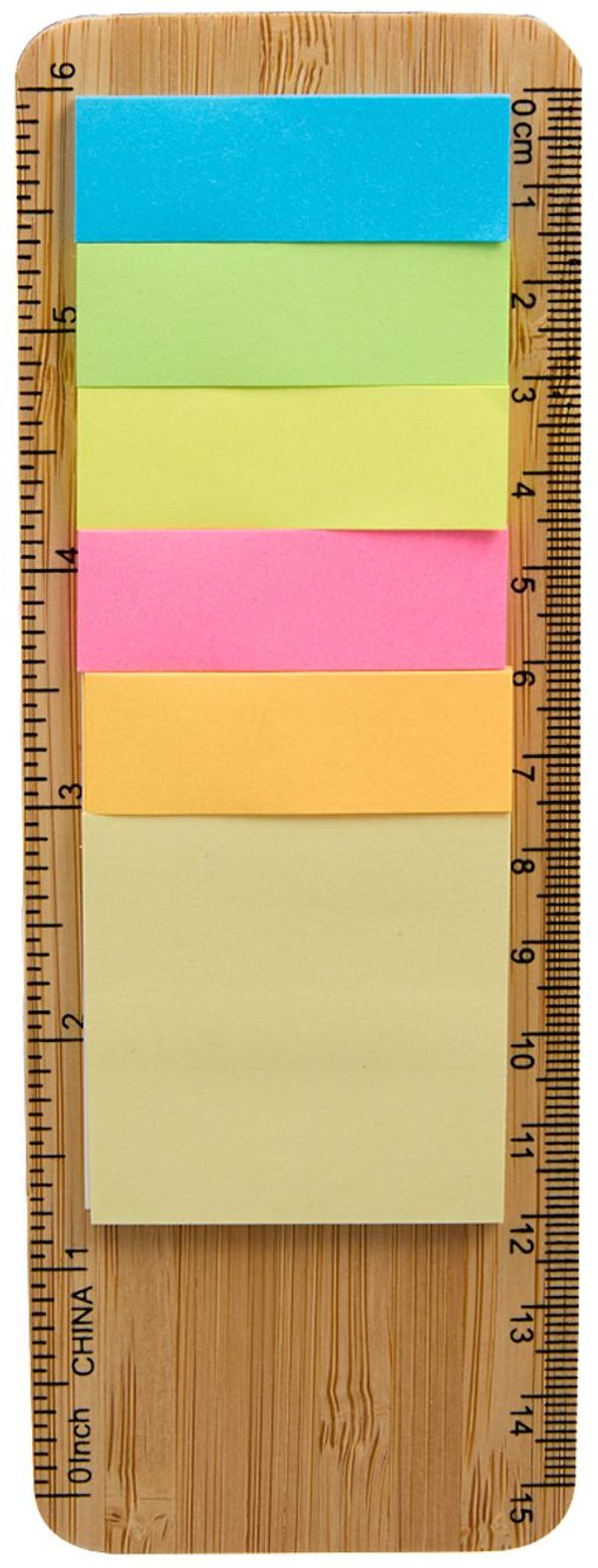 Am image of a Custom FSC Certified Bamboo Ruler with Sticky Notes in Natural!