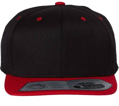 Am image of a Custom Flexfit 110 Flat Bill Snapback Cap in Black/Red!