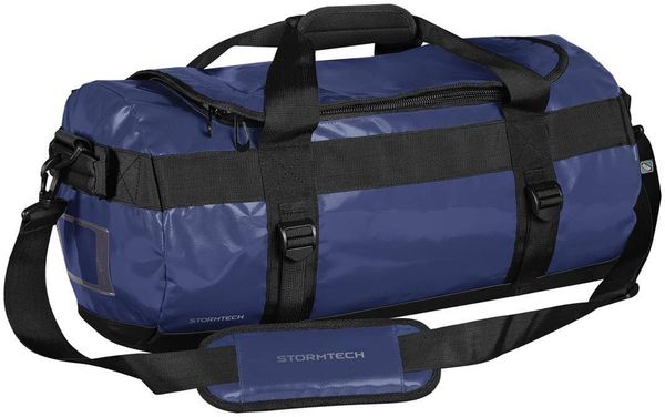 Am image of a Custom Stormtech Atlantis Waterproof Gear Bag in OCEAN BLUE / BLACK!