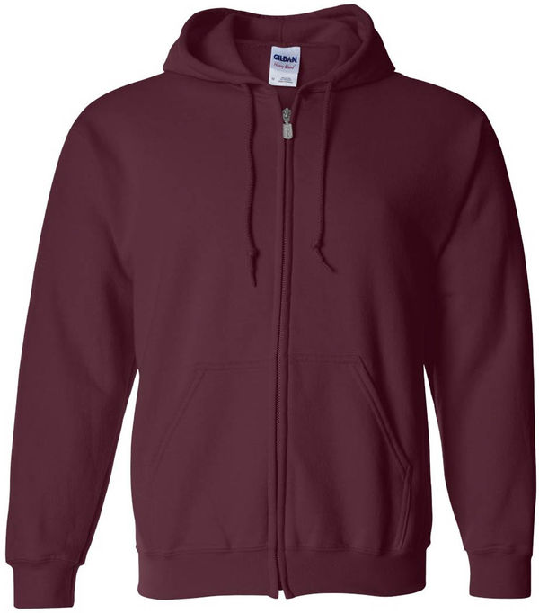 An image of a Custom Gildan Heavy Blend Full Zip Hooded Sweatshirt in Maroon!