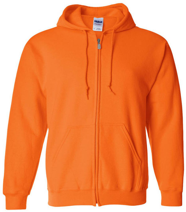 An image of a Custom Gildan Heavy Blend Full Zip Hooded Sweatshirt in Safety Orange!