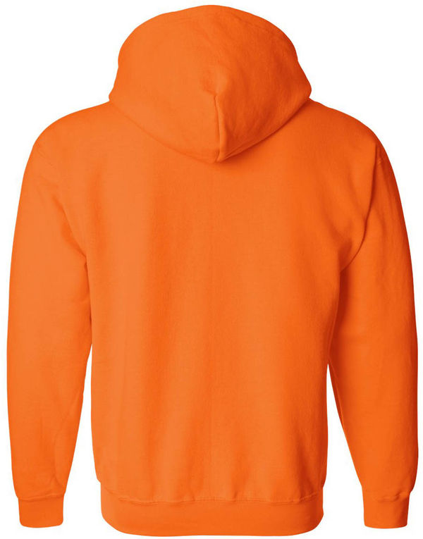 An image of a Custom Gildan Heavy Blend Full Zip Hooded Sweatshirt in Safety Orange!