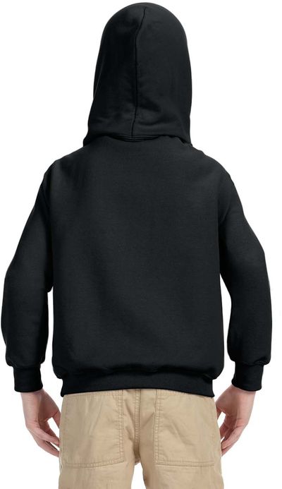 Am image of a Custom Gildan Heavy Blend Hooded Youth Sweatshirt in Black!