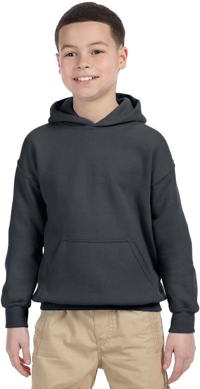 Am image of a Custom Gildan Heavy Blend Hooded Youth Sweatshirt in Charcoal!