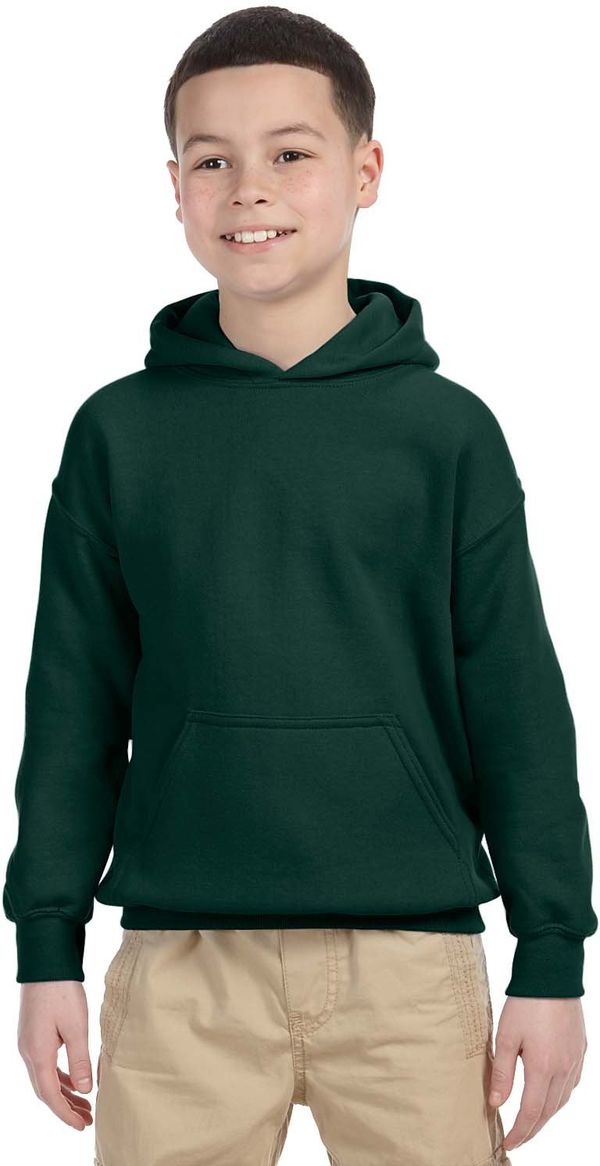 Am image of a Custom Gildan Heavy Blend Hooded Youth Sweatshirt in Forest Green!