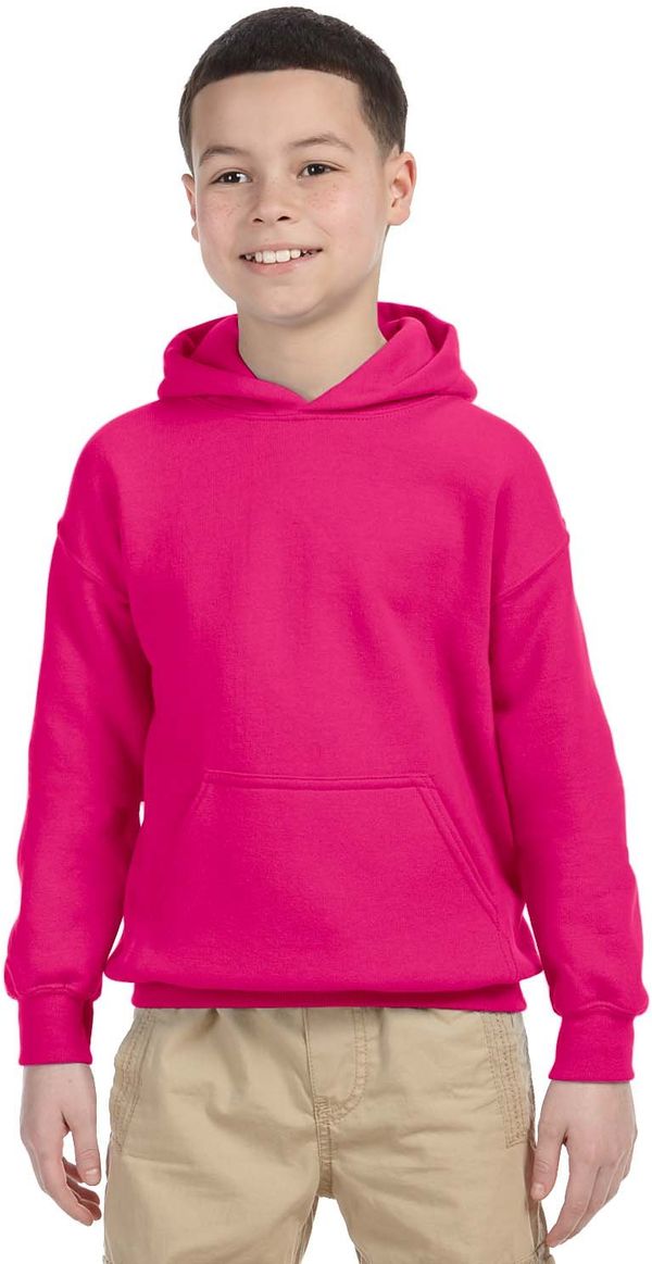 Am image of a Custom Gildan Heavy Blend Hooded Youth Sweatshirt in Heliconia!