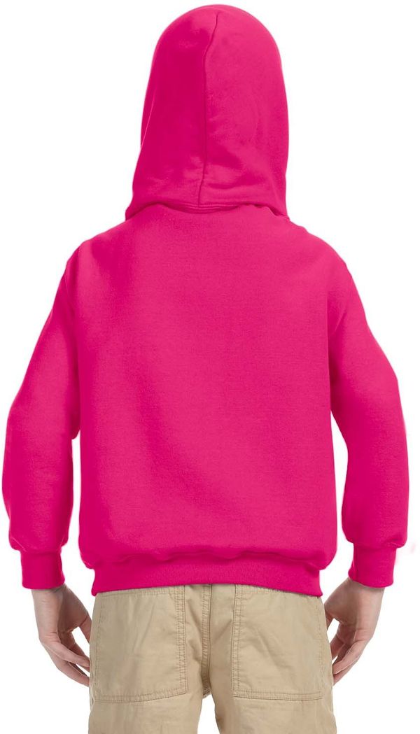 Am image of a Custom Gildan Heavy Blend Hooded Youth Sweatshirt in Heliconia!