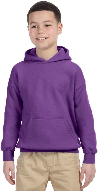 Am image of a Custom Gildan Heavy Blend Hooded Youth Sweatshirt in Purple!