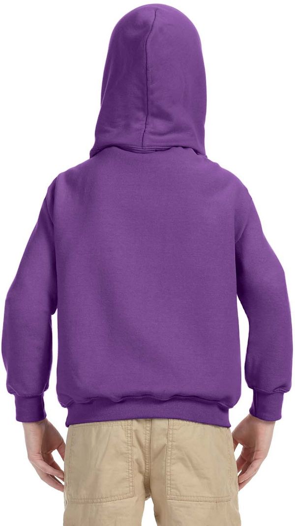 Am image of a Custom Gildan Heavy Blend Hooded Youth Sweatshirt in Purple!