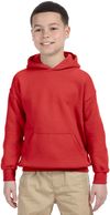 Am image of a Custom Gildan Heavy Blend Hooded Youth Sweatshirt in Red!