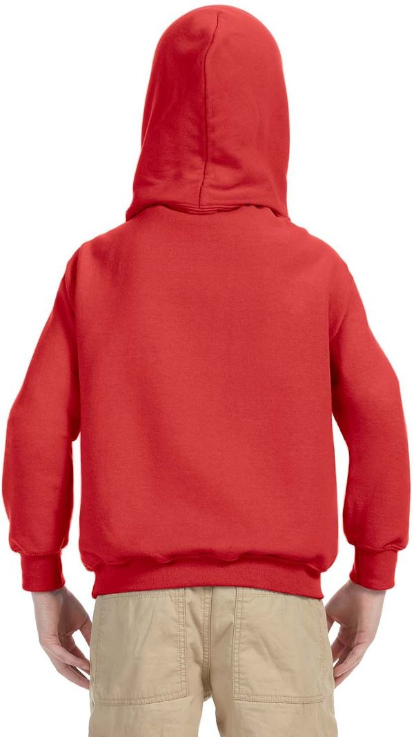 Am image of a Custom Gildan Heavy Blend Hooded Youth Sweatshirt in Red!