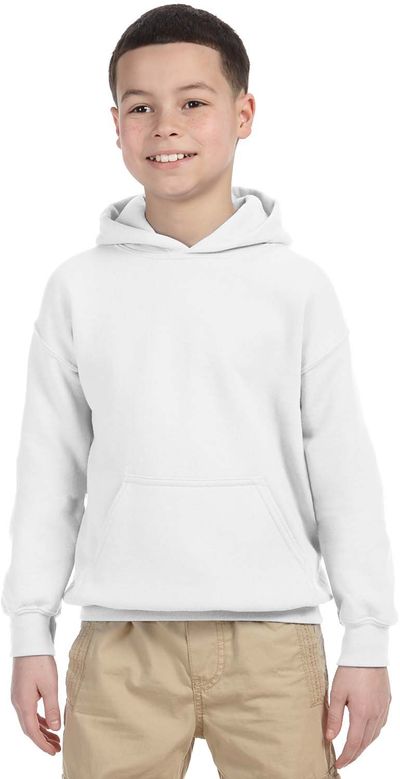 Am image of a Custom Gildan Heavy Blend Hooded Youth Sweatshirt in White!